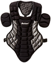 A sleek black and silver baseball chest protector, designed for player safety and comfort.